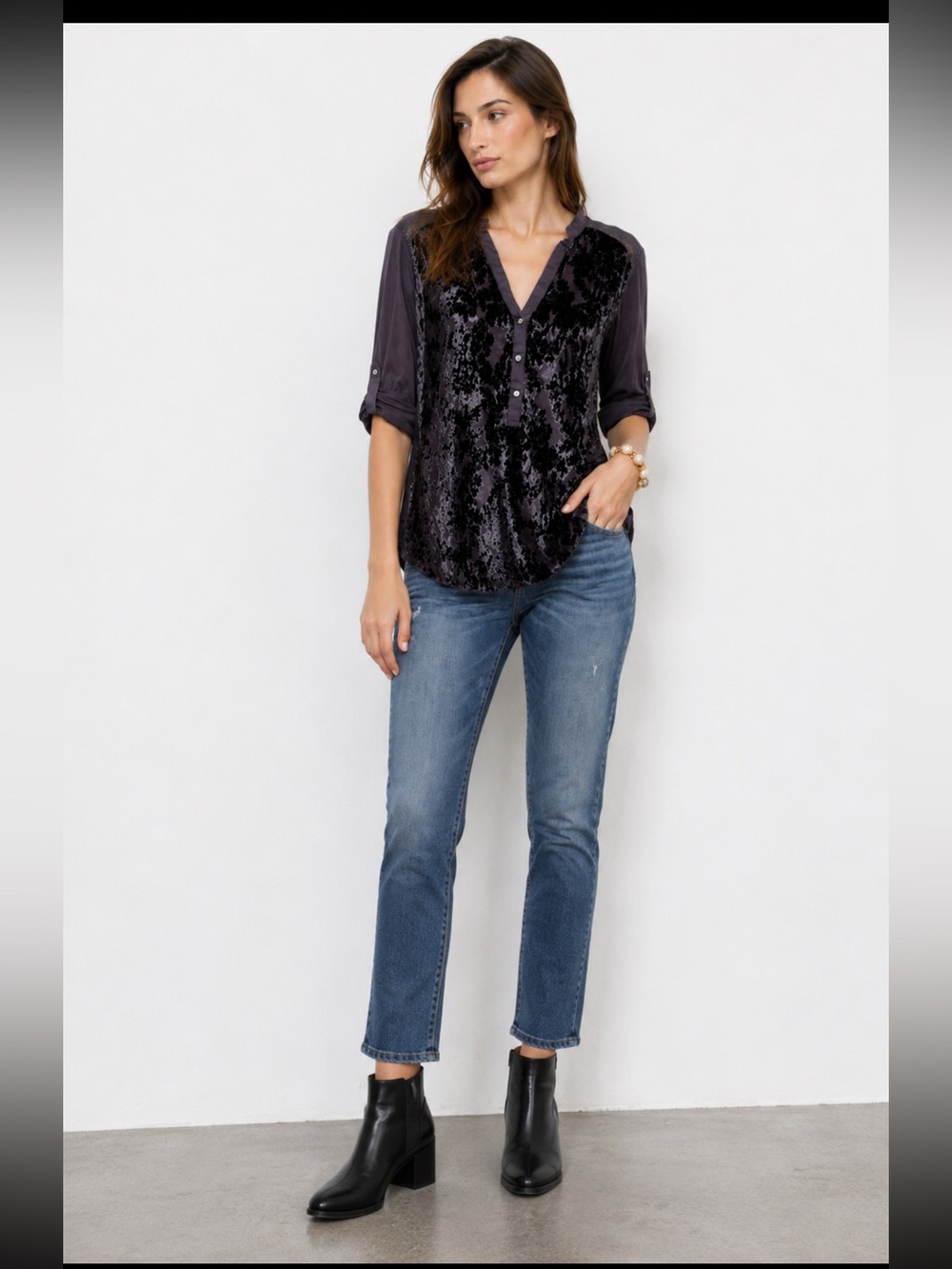 Anthropologie Tiny Broadleaf Forest Velvet burnout Henley Silk blend